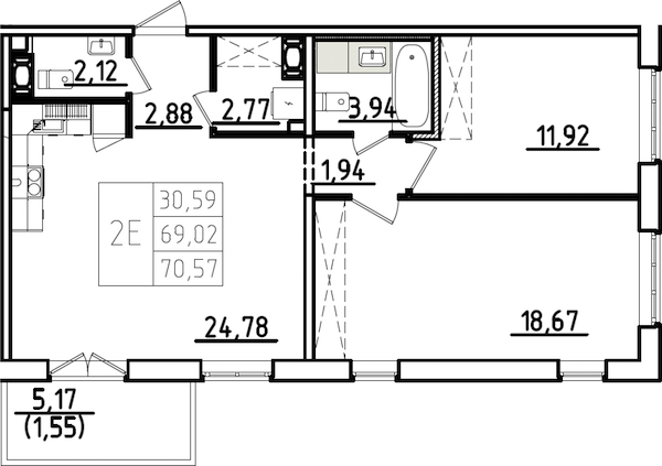 2-комнатная квартира 74.19 м², 7/9 эт., ЖК «IQ Гатчина 3»